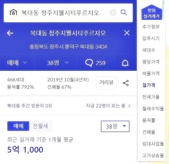 부동산 앱 호갱노노에서 청주지웰시티 푸르지오 아파트 검색한 내용